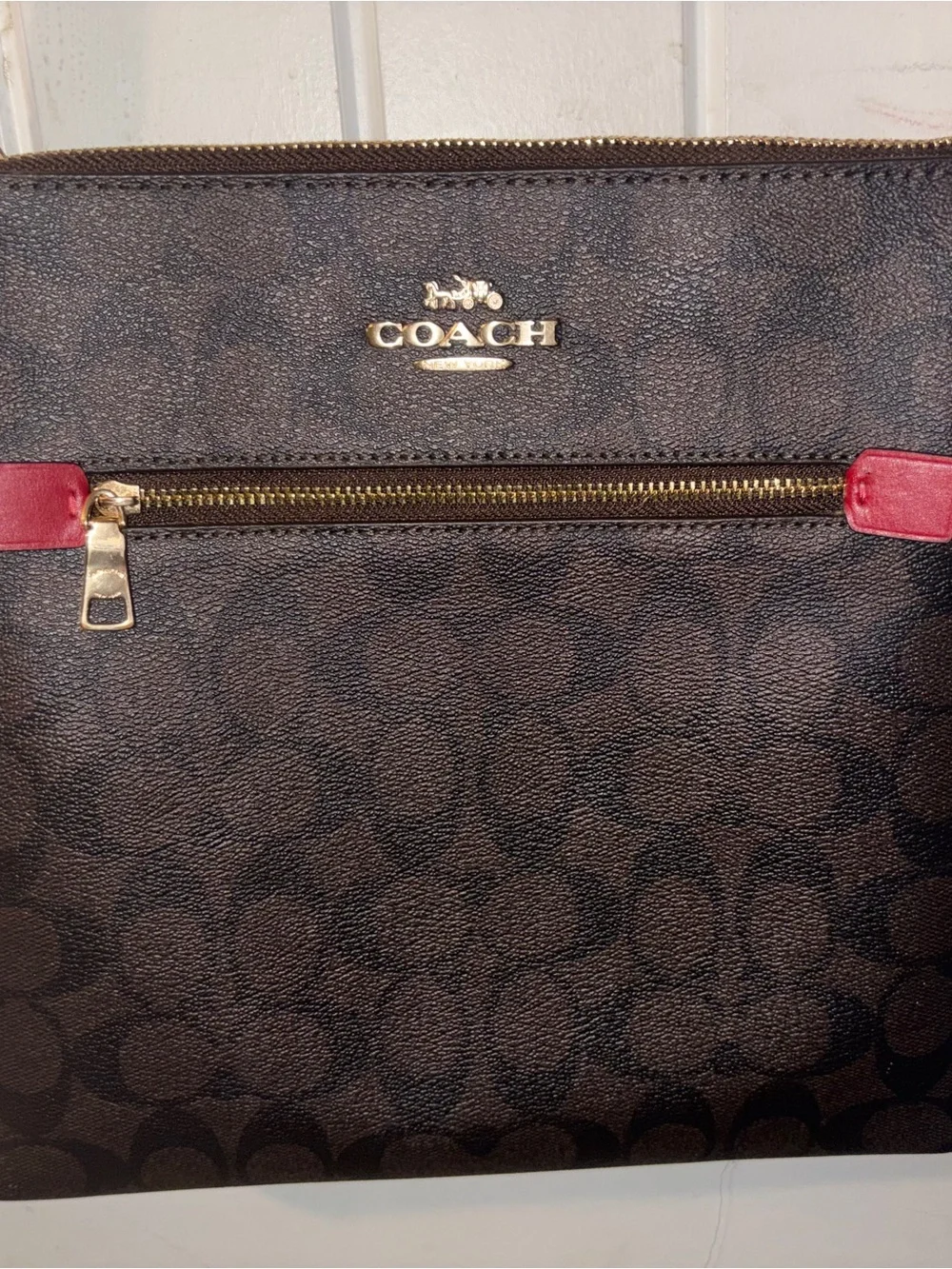 Coach Brown Signature Crossbody with Red Trim